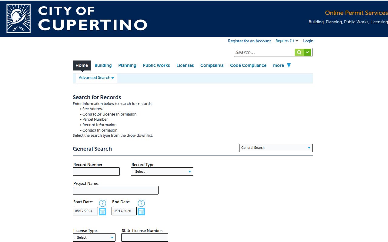 Cupertino street directory Accela permit address search